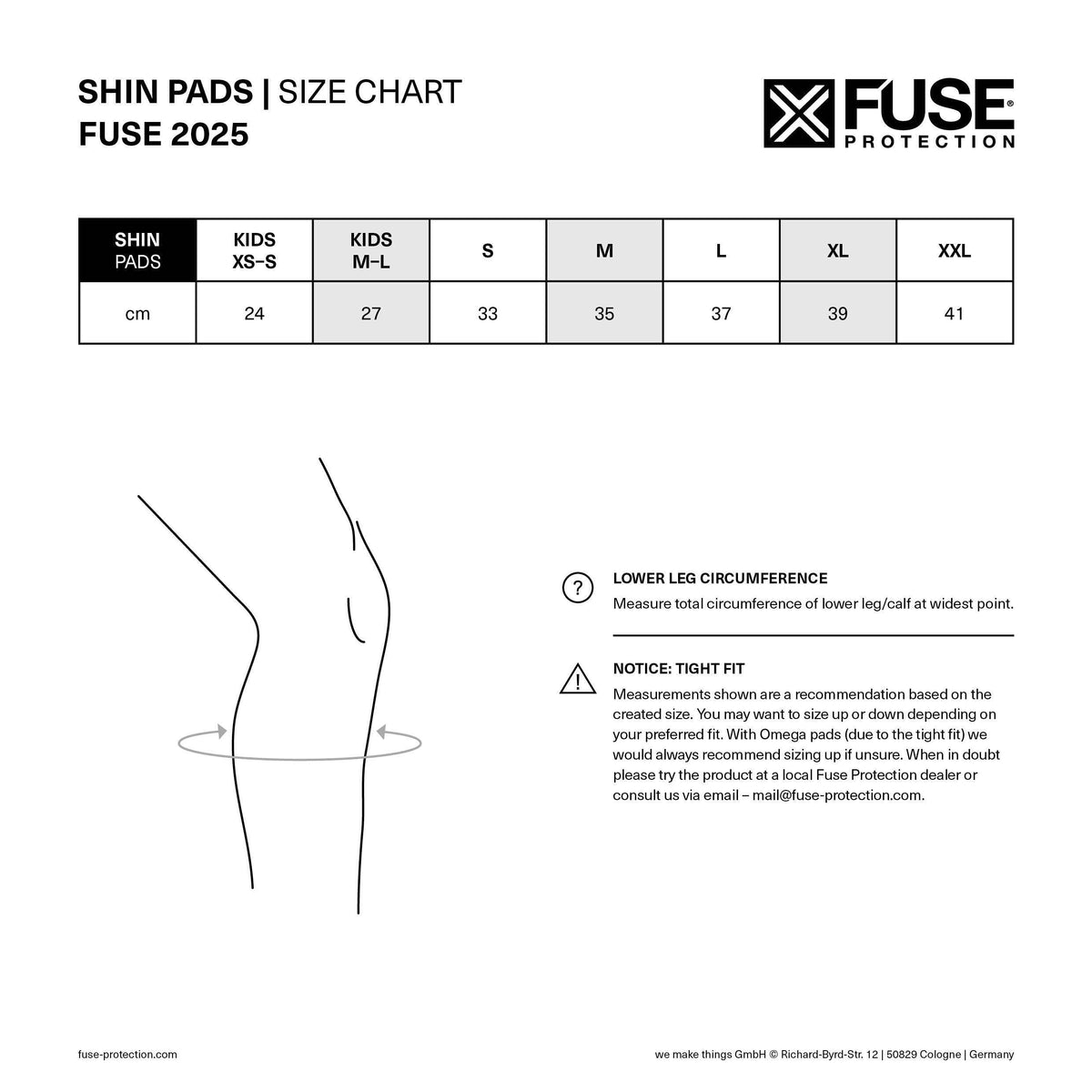 FUSE Omega Pro Shin Pad Combo Size Chart And Fitting Guide.