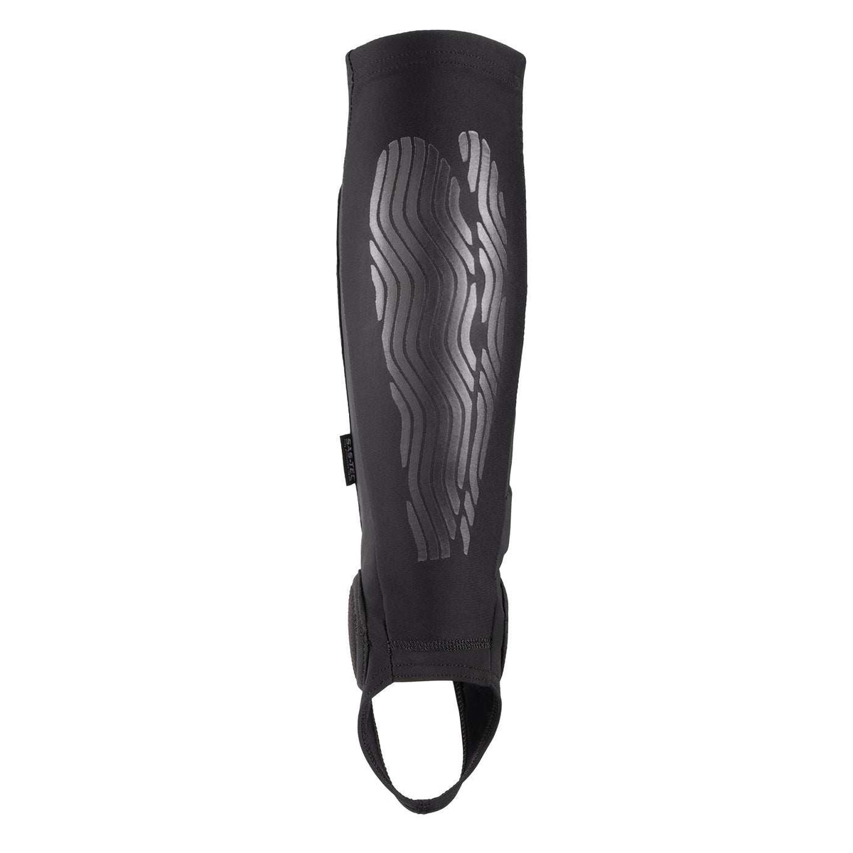 Black And Yellow Fuse Omega Pro Shin Pad With Strapless Design And Kevlar Front Section.