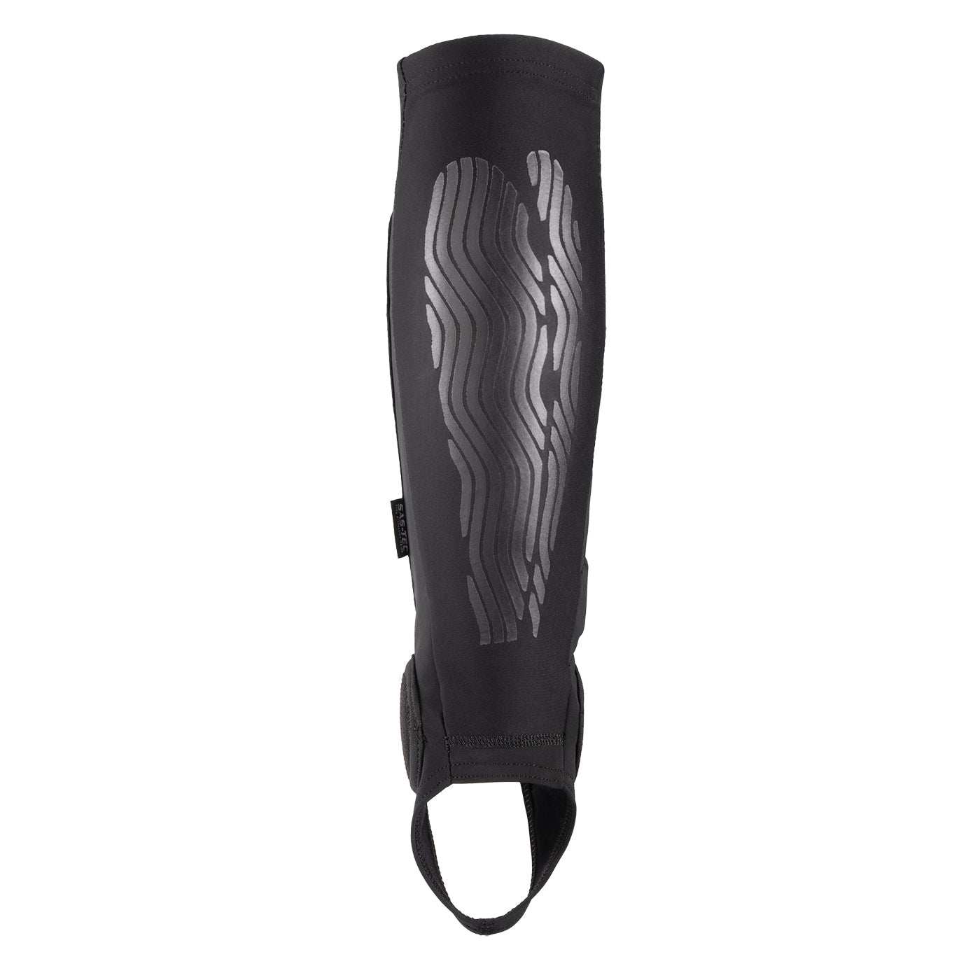 Black And Yellow Fuse Omega Pro Shin Pad With Strapless Design And Kevlar Front Section.